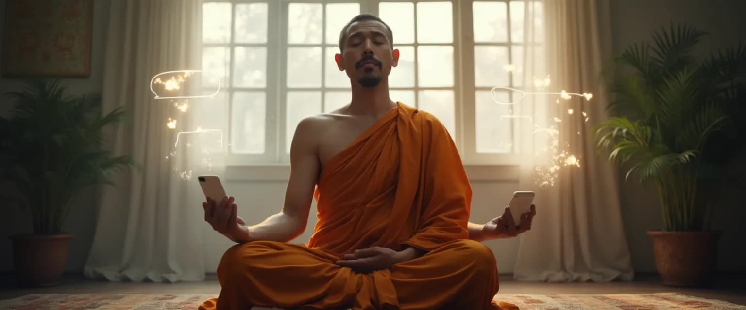 Person practicing mindfulness Buddhism techniques while surrounded by digital devices