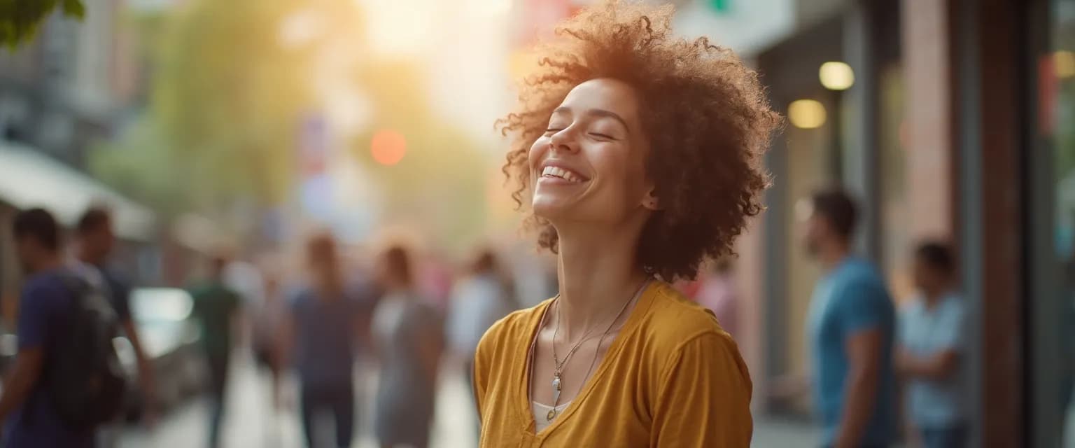 Person demonstrating the pause, breathe, smile technique for stress management