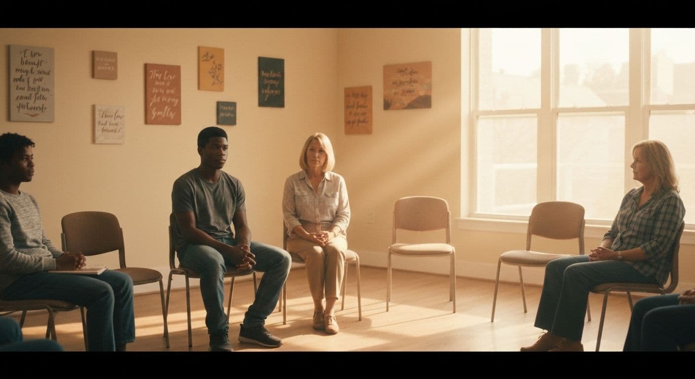 People gathering in a GriefShare support group meeting with workbooks and compassionate discussion