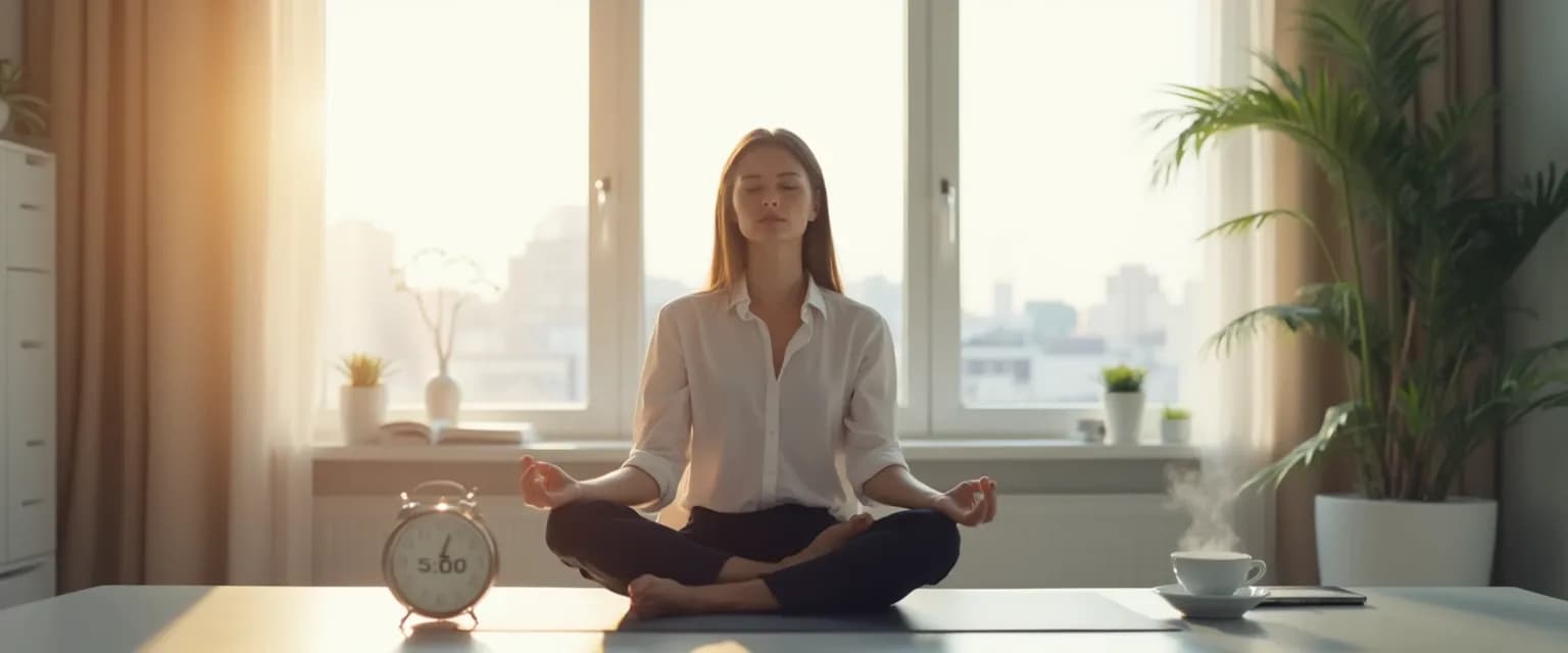 Professional practicing 5-minute mindfulness in plain English technique at desk