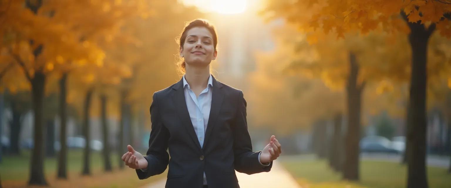 Professional practicing quick mindfulness exercises while walking outdoors