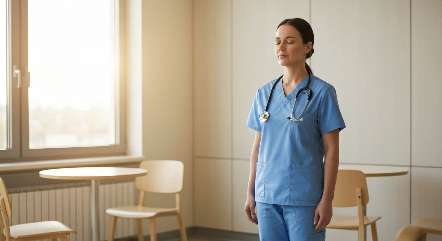 Healthcare worker practicing self awareness health and social care techniques during a brief break between patient appointments