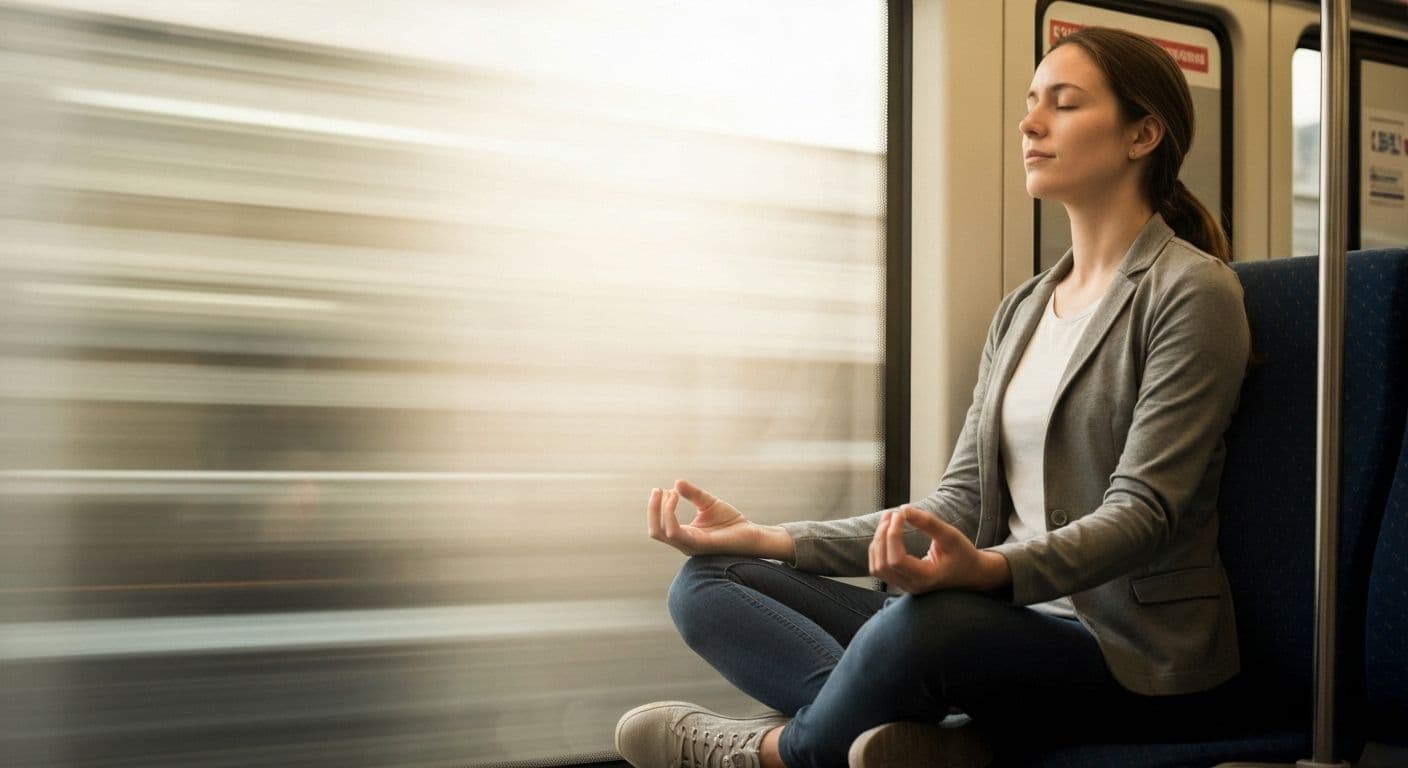 Person practicing the miracle of mindfulness during their daily commute, appearing calm and centered