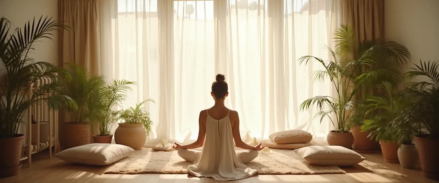 Person enjoying a peaceful home mindfulness retreat in a cozy, minimalist space