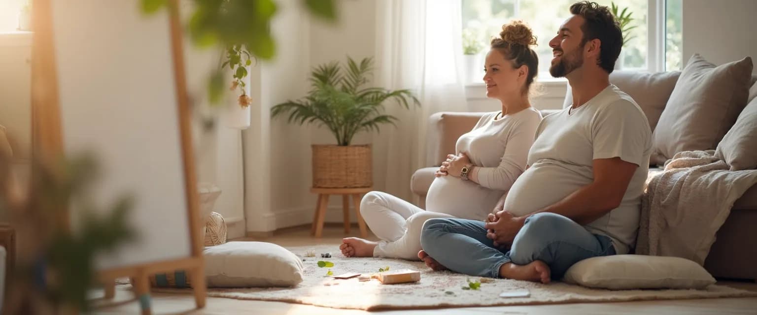 First-time dad practicing mindful hypnobirthing techniques with pregnant partner