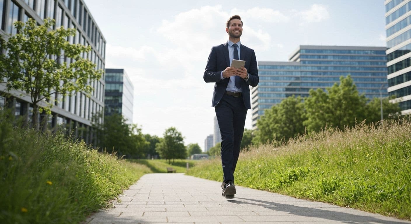 Business leader practicing mindfulness activity during walking meeting outdoors