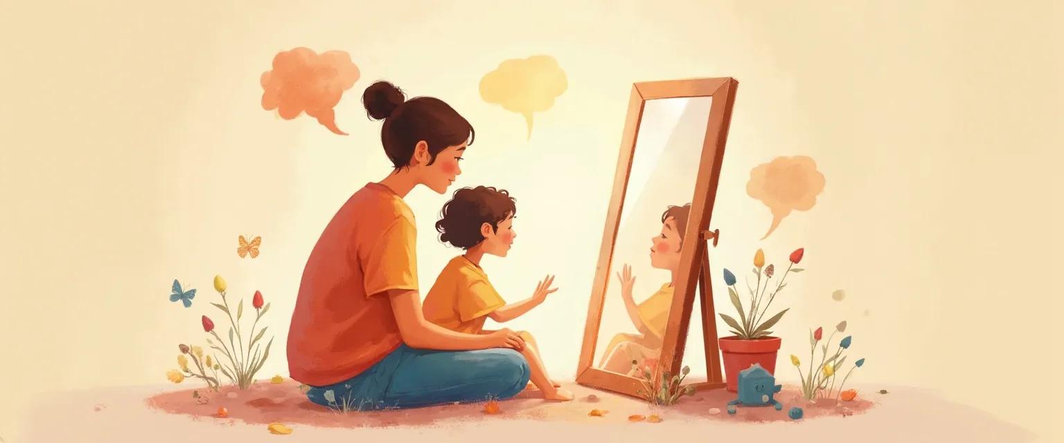 Parent helping explain self-awareness to a child using interactive activities