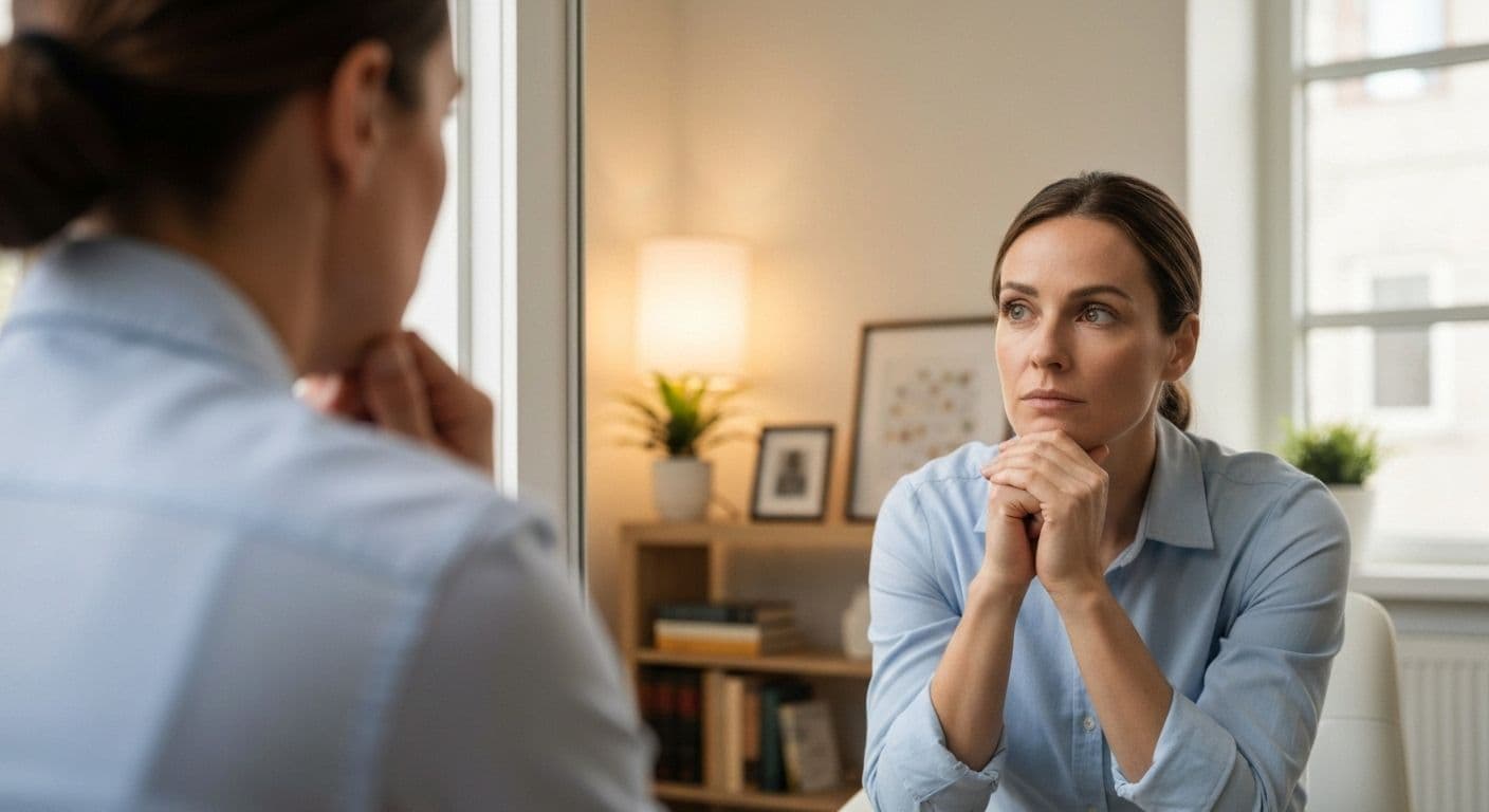 Counsellor practicing self awareness through mindful reflection during therapeutic session