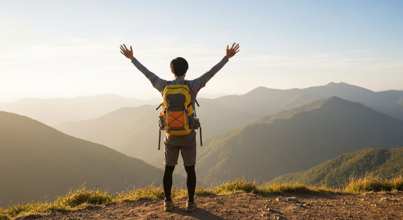 Woman standing alone on mountain peak during solo travel after a breakup, looking at scenic view with backpack