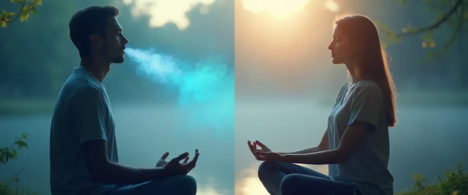 Person practicing mindfulness and anxiety relief techniques through breathing and meditation