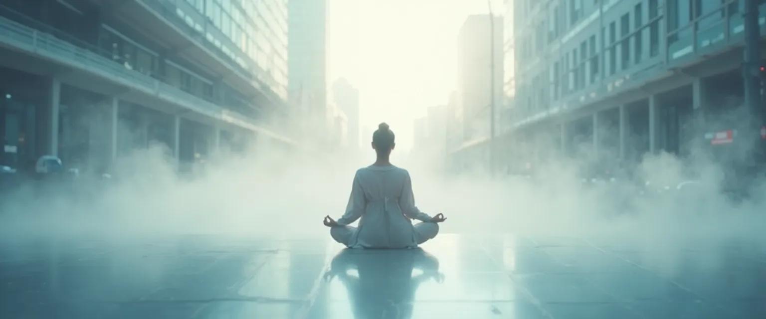 Person practicing 5-minute consciousness and awareness exercise during busy workday