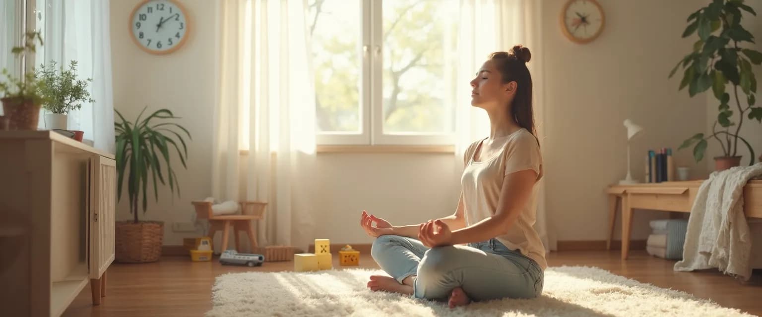 Parent practicing 10 minute mindfulness while child plays nearby