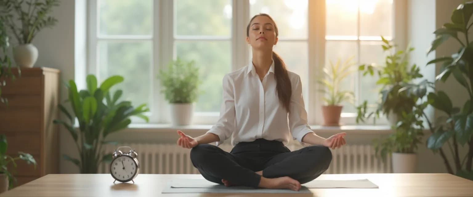 Professional practicing a 5-minute listening mindfulness exercise at their desk