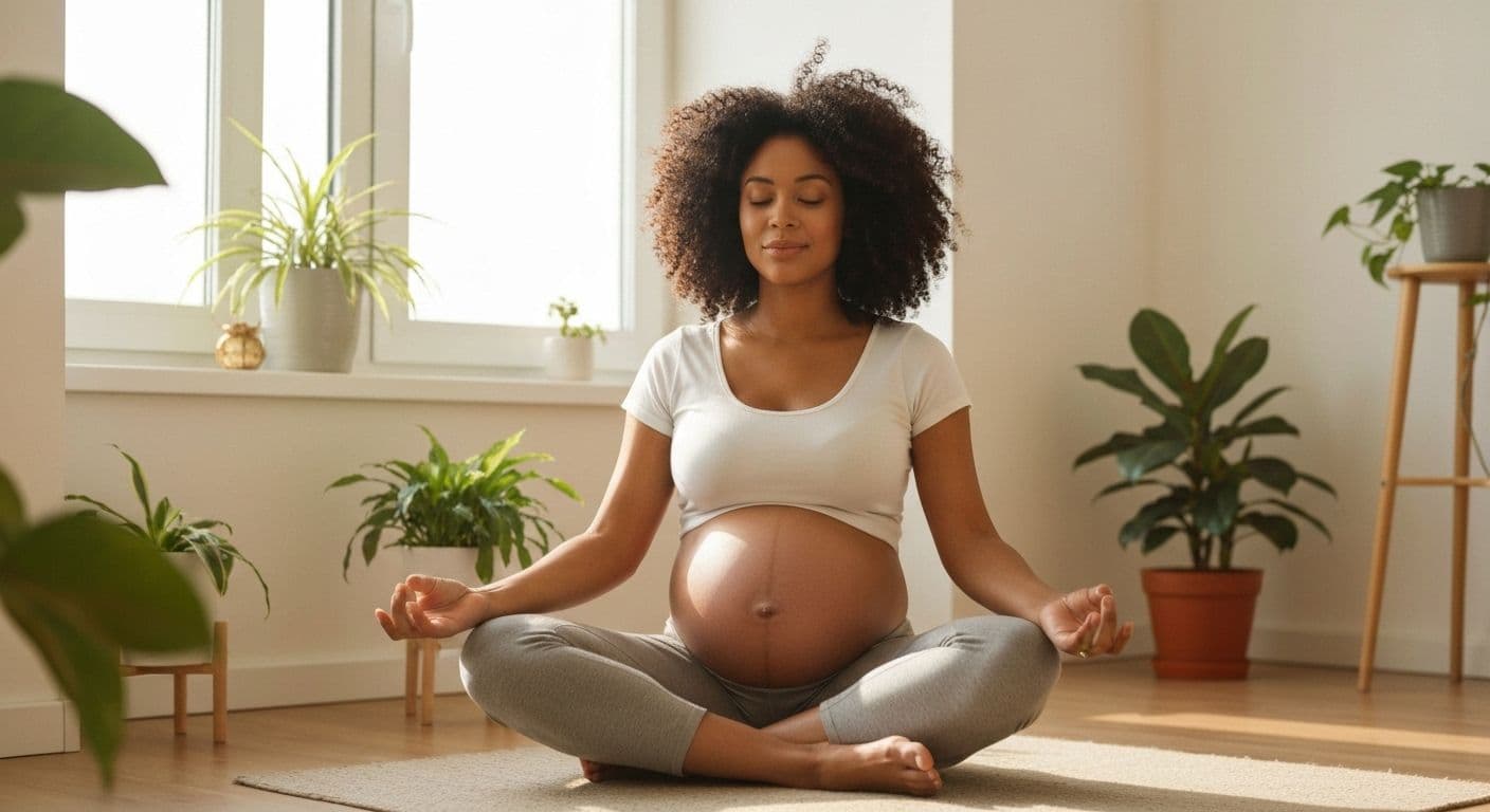 Pregnant woman practicing mindful pregnancy meditation in peaceful setting