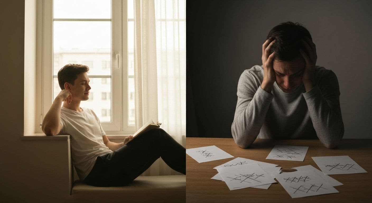 Person thoughtfully looking at their reflection, illustrating the sensitive line self awareness creates between healthy reflection and harmful self-criticism