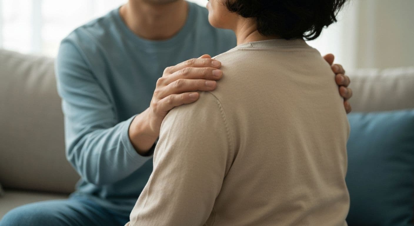 Two friends sitting together in supportive silence, illustrating what to say to someone who lost a friend through presence and companionship