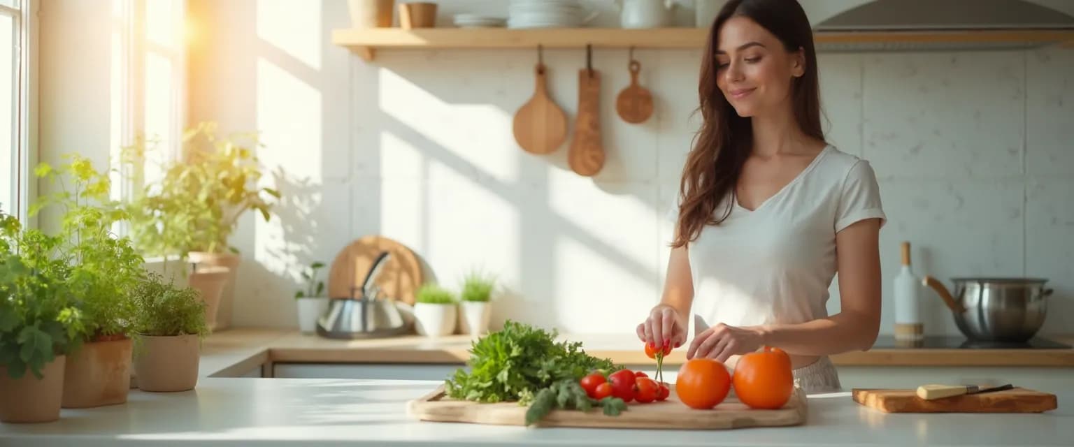 Person practicing mindful life techniques while preparing food in an organized kitchen