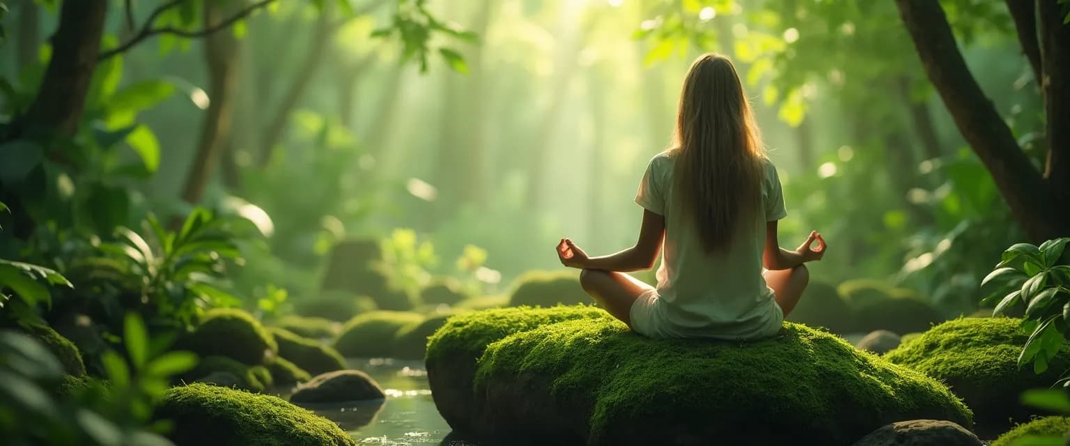 Person practicing mindgreen meditation in a natural setting with plants
