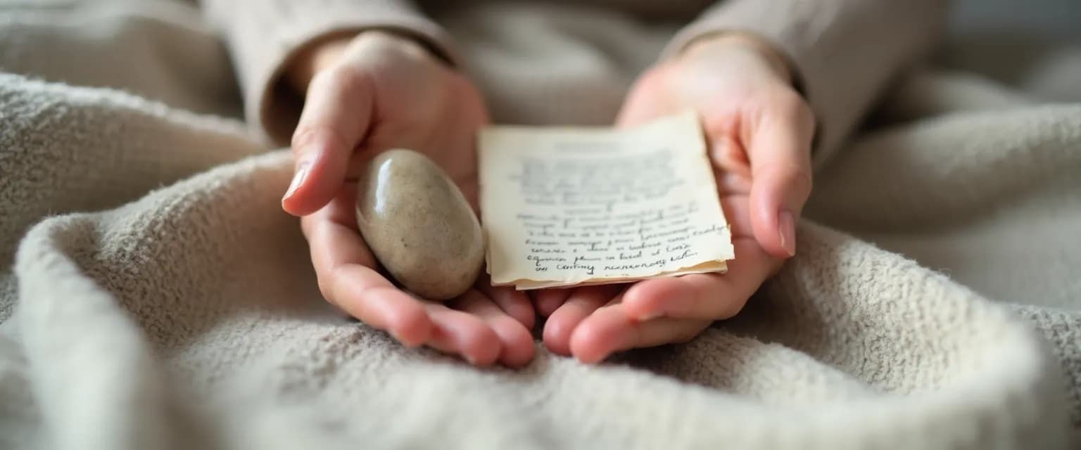 Collection of tactile grieving tools including worry stones and weighted blankets for processing loss
