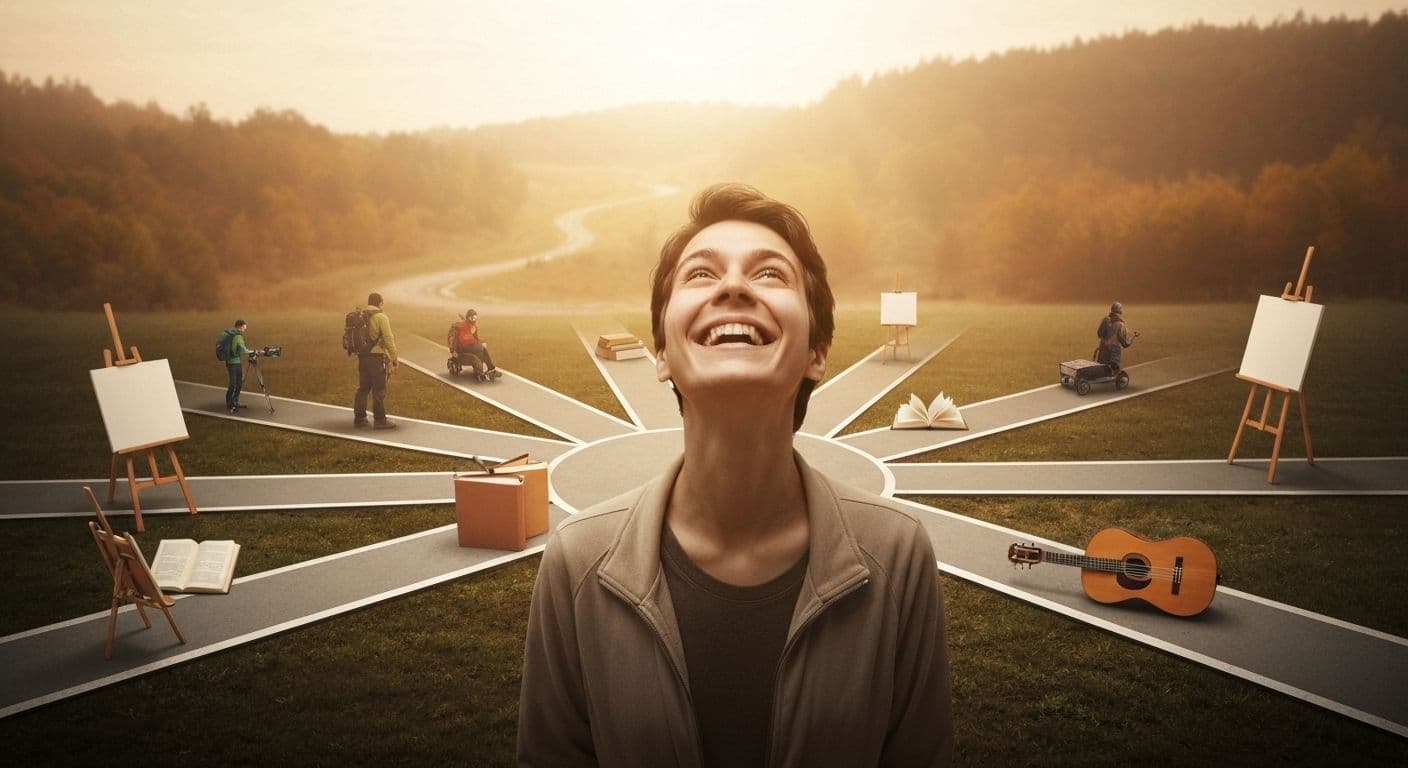 Person peacefully exploring new hobbies post breakup with art supplies and books in comfortable home setting