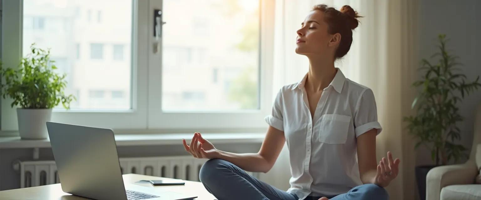 Professional practicing mindfulness online during digital workday
