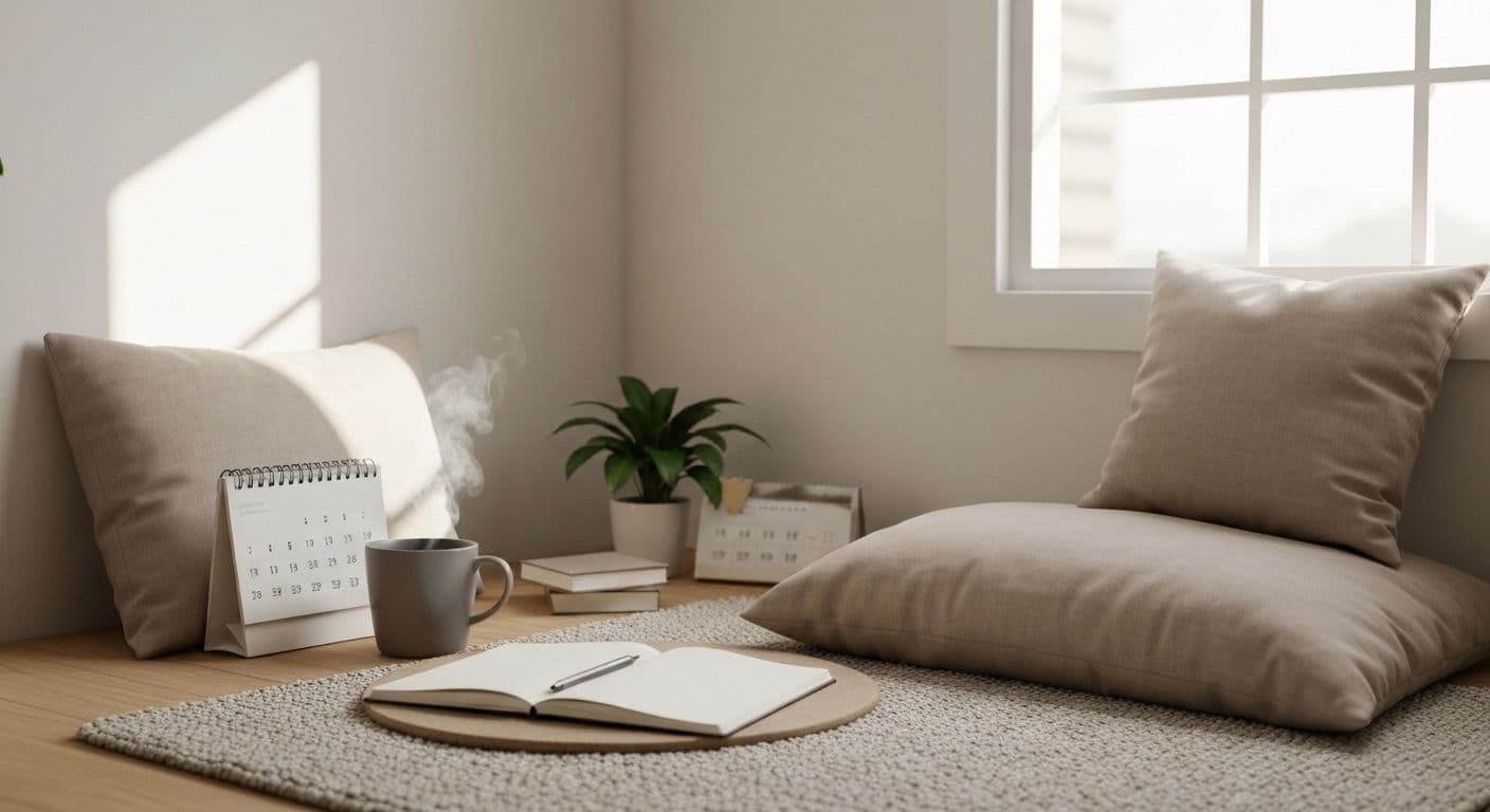 Person relaxing in a comfortable space during a self awareness weekend retreat at home