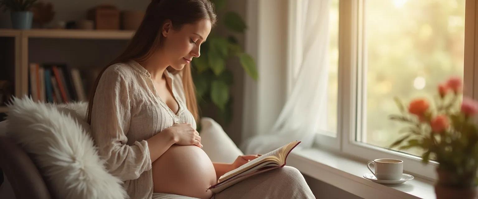 Mother practicing mindful pregnancy journaling to connect with her baby