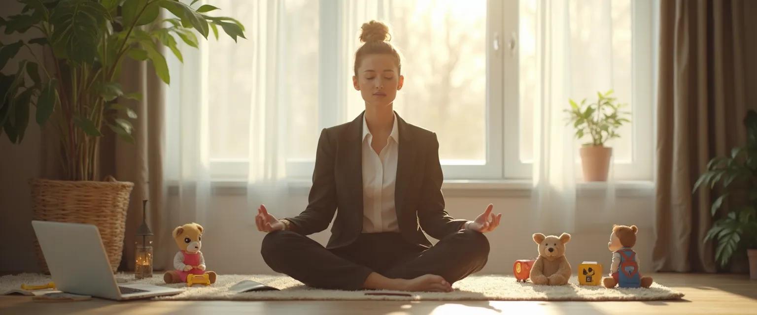 Parent practicing Mark Williams' 10-minute sitting meditation at home between work and family responsibilities