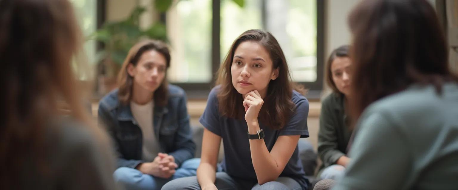 Person demonstrating social self-awareness in a group setting with confident body language