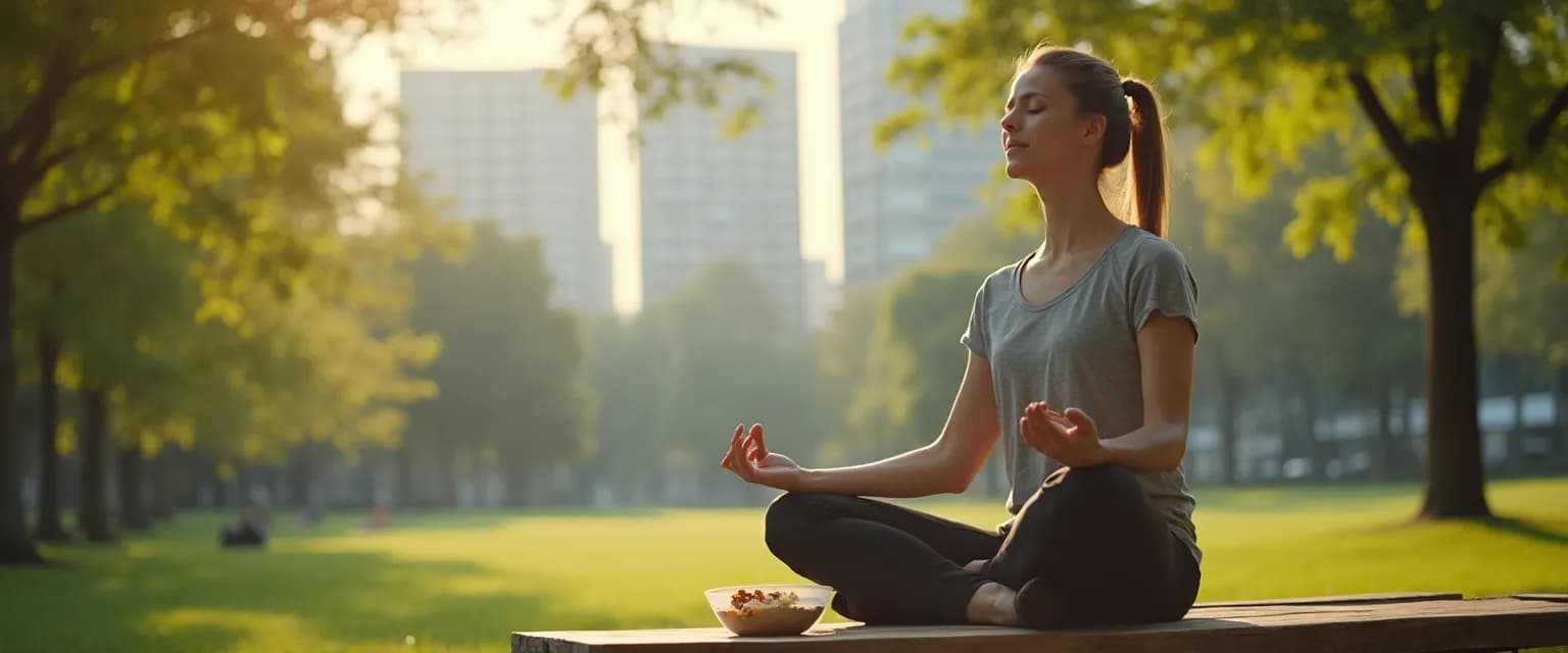 Person practicing mindful minutes during lunch break for stress reduction
