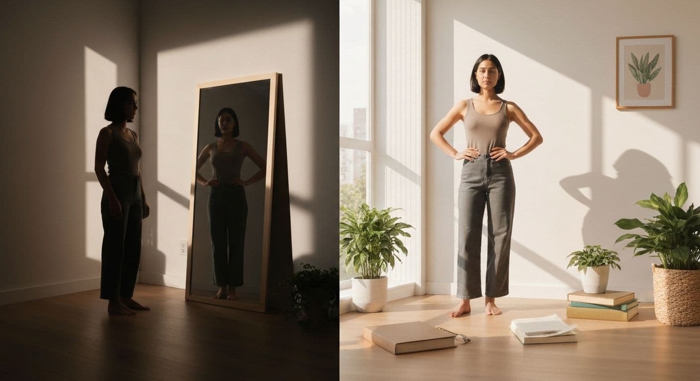 Person experiencing self-improvement post breakup while reflecting on personal growth and identity transformation