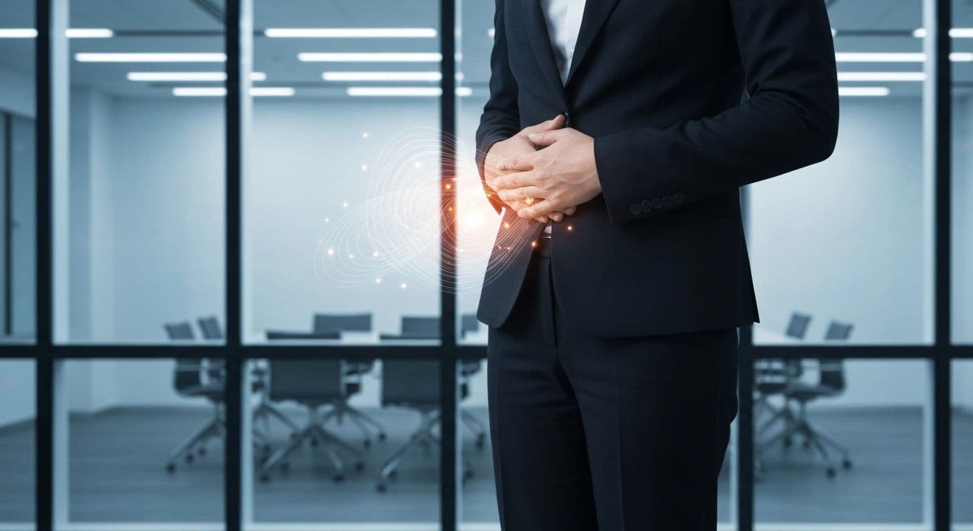 Person experiencing stomach knots before meeting showing how your body speaks your mind through physical stress signals