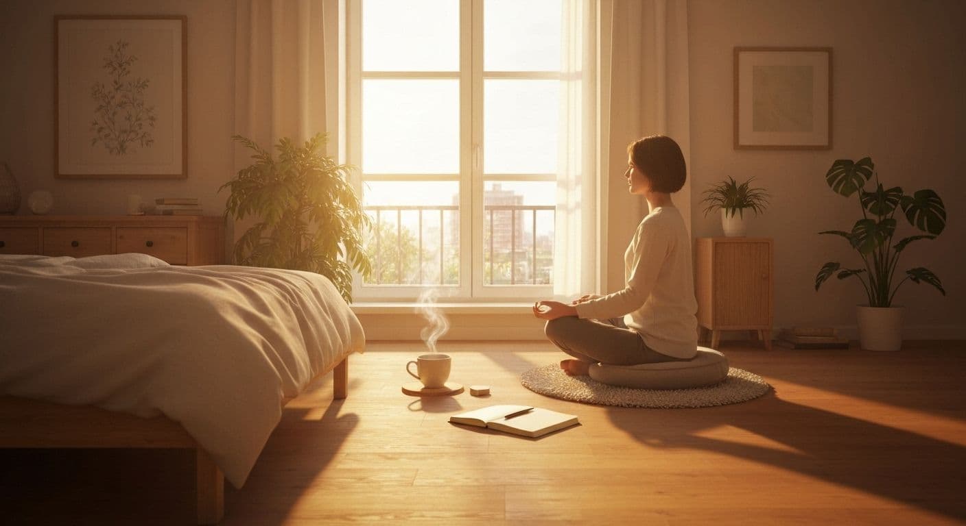 Person practicing peaceful morning ritual to quiet anxious mind before 8 AM