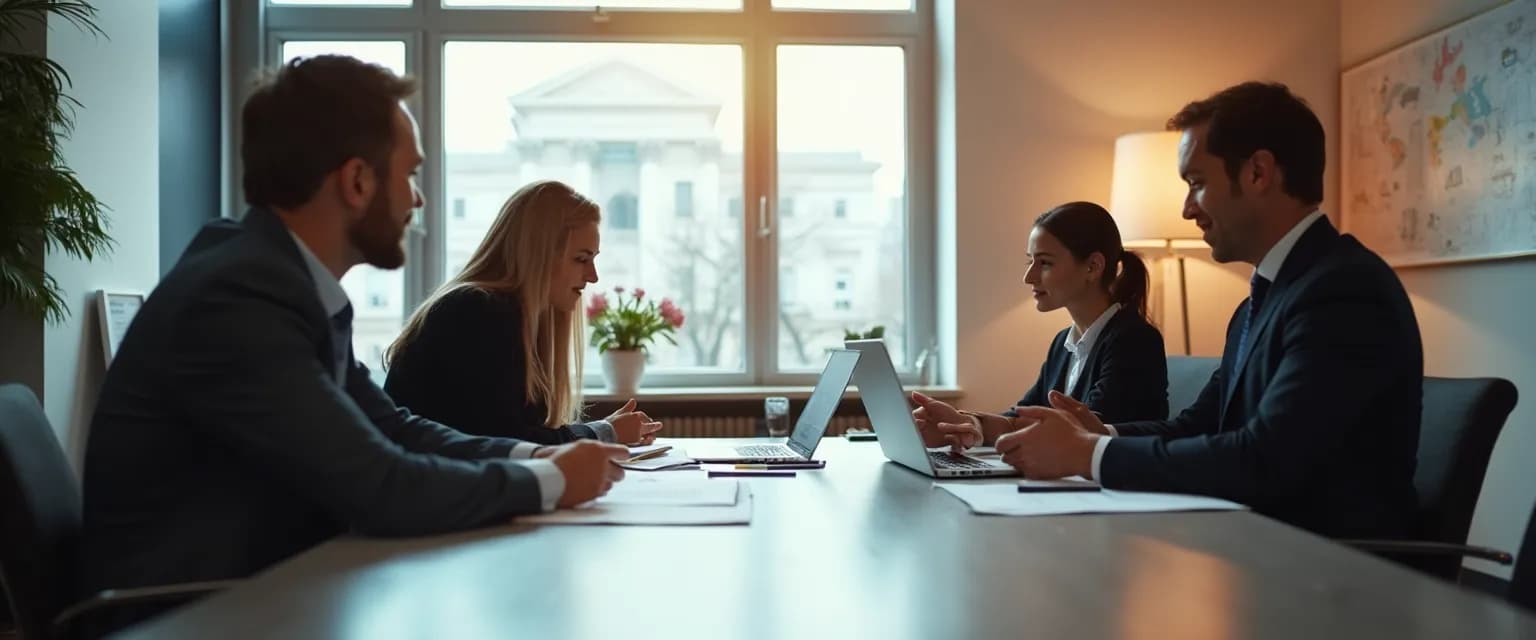 Business professionals using EQ intelligence techniques at negotiation table for win-win outcomes