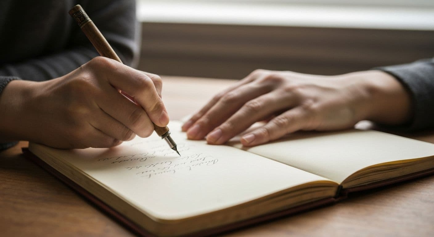 Person journaling grief in a peaceful setting with notebook and pen for emotional wellness