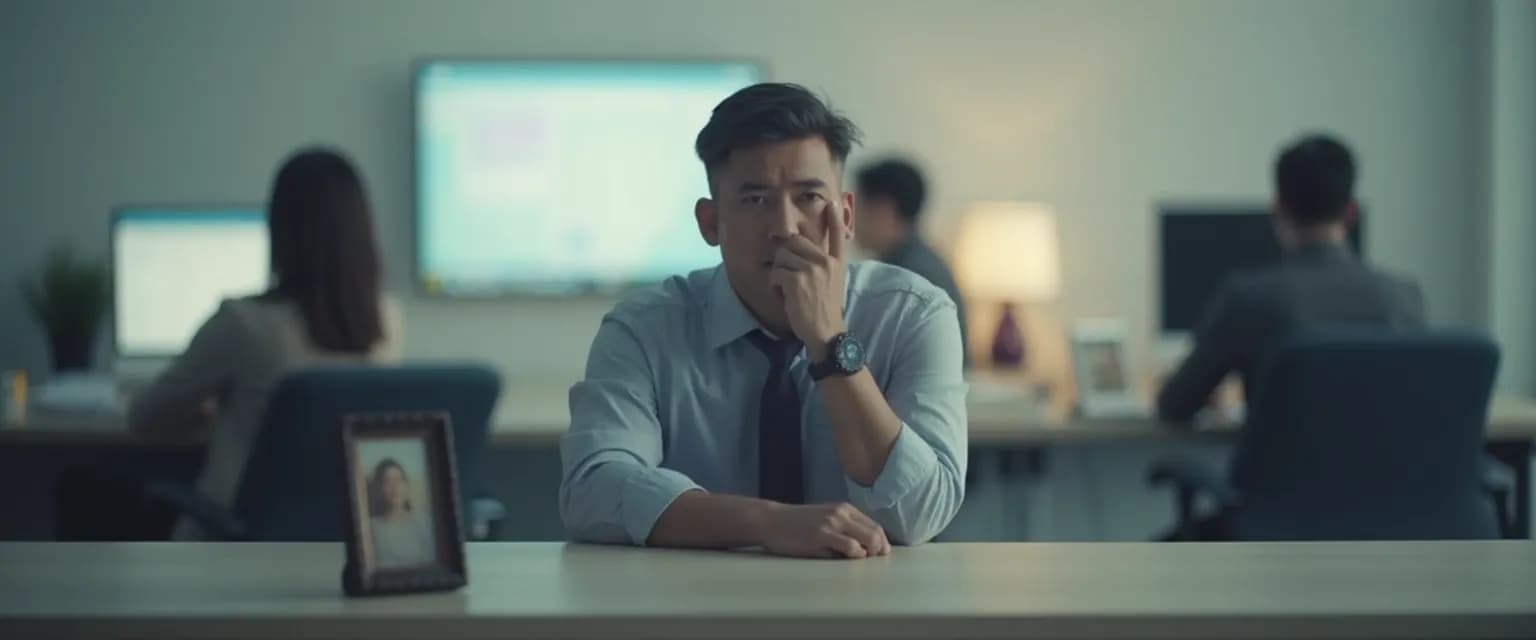 Professional managing the grief process while working at a desk