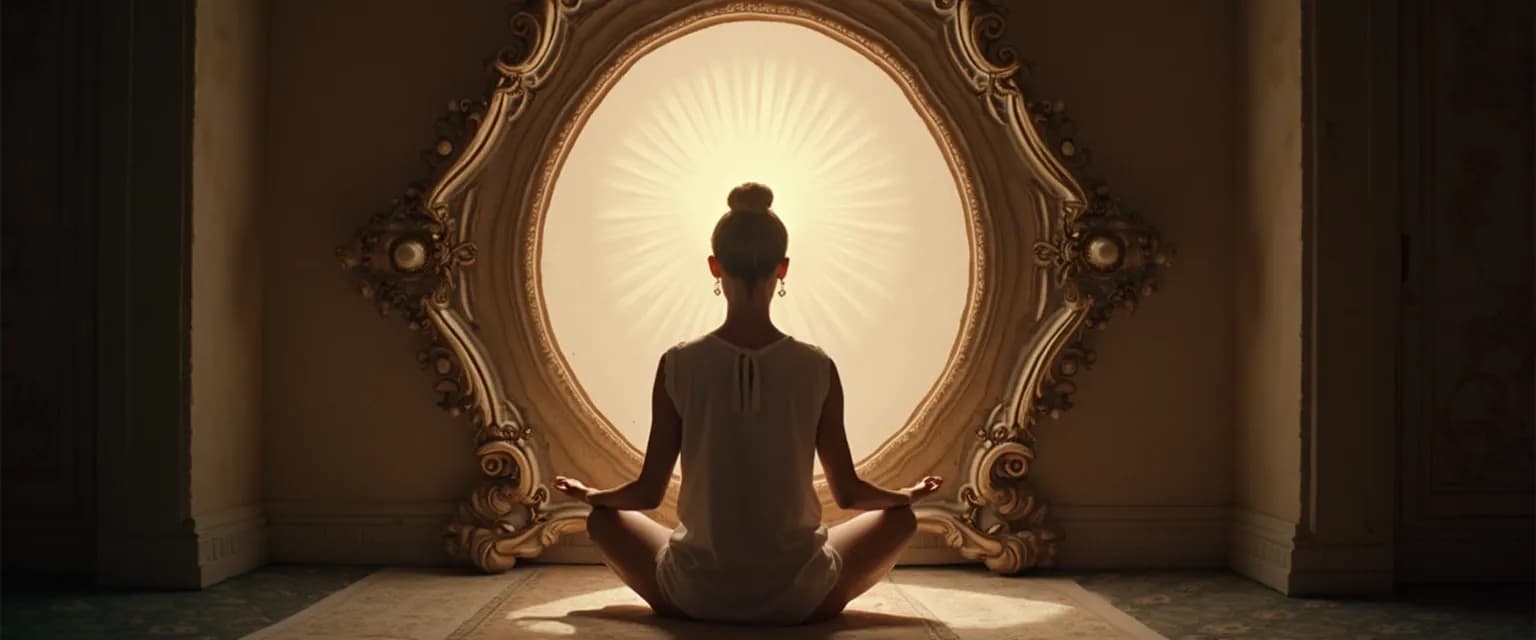 Person practicing introspection and self awareness in a peaceful setting with a mirror