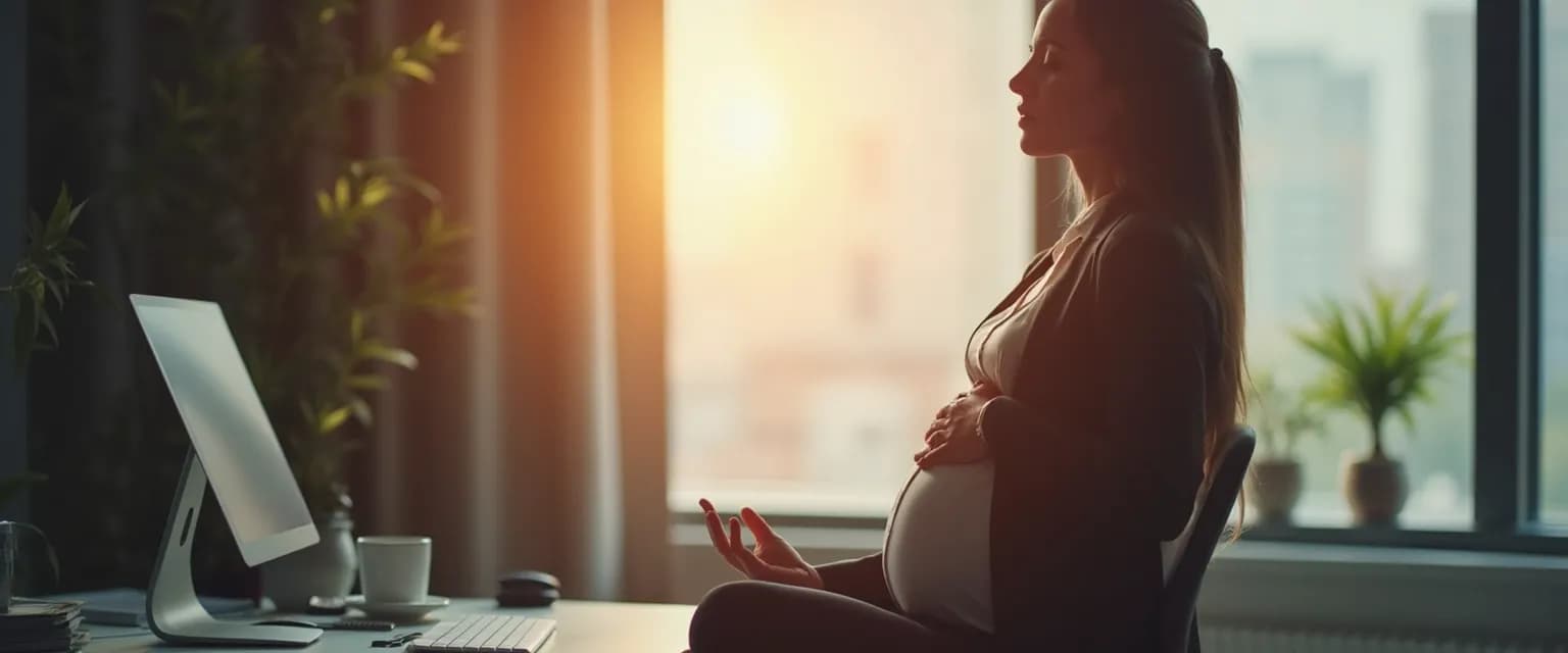 Professional woman practicing mindful hypnobirthing techniques at desk