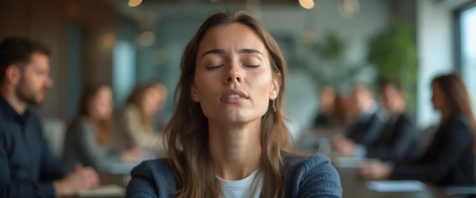 Professional practicing Goleman self-awareness techniques during a high-stress meeting