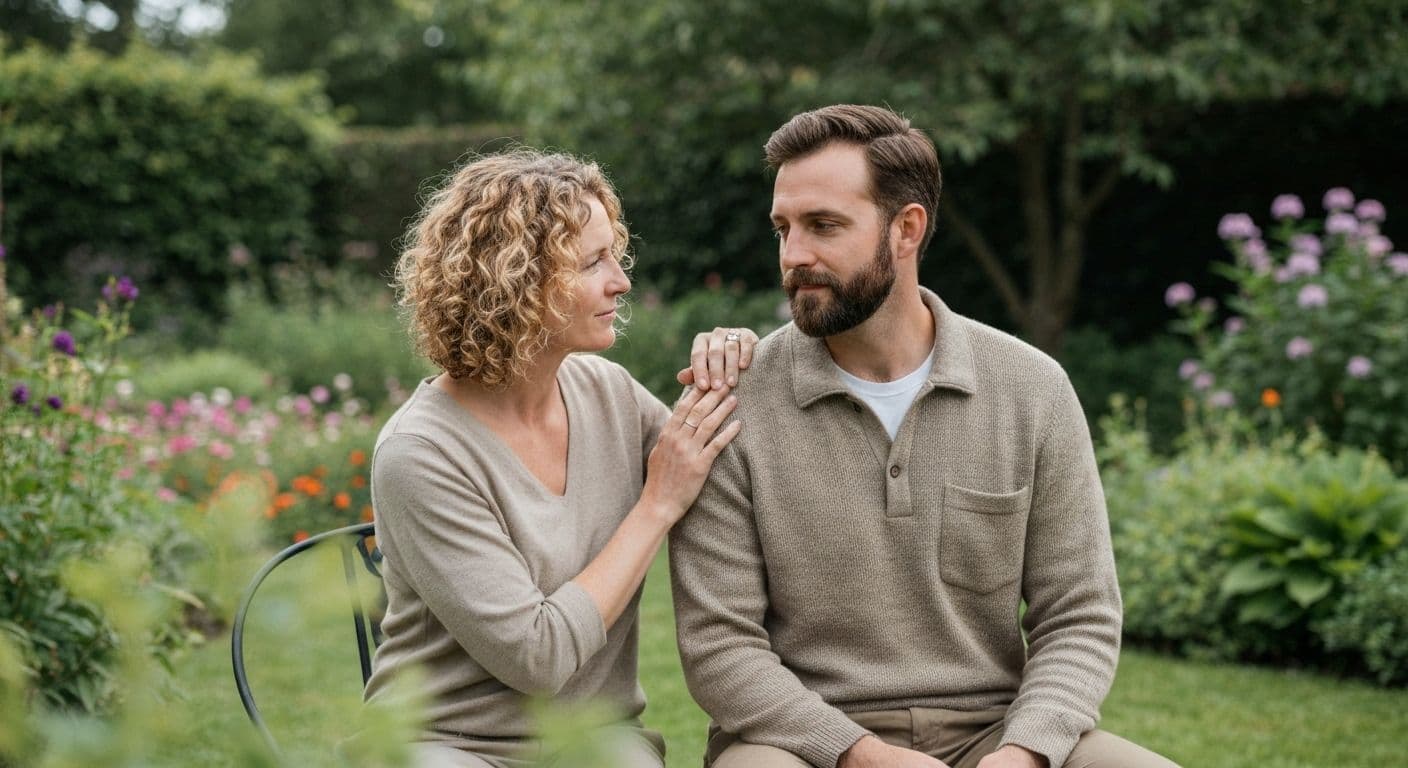 Two people sitting together in supportive silence, illustrating what to say to someone who lost a loved one through presence