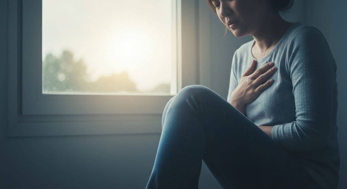 Person holding chest showing physical pain about heartbreak and emotional distress