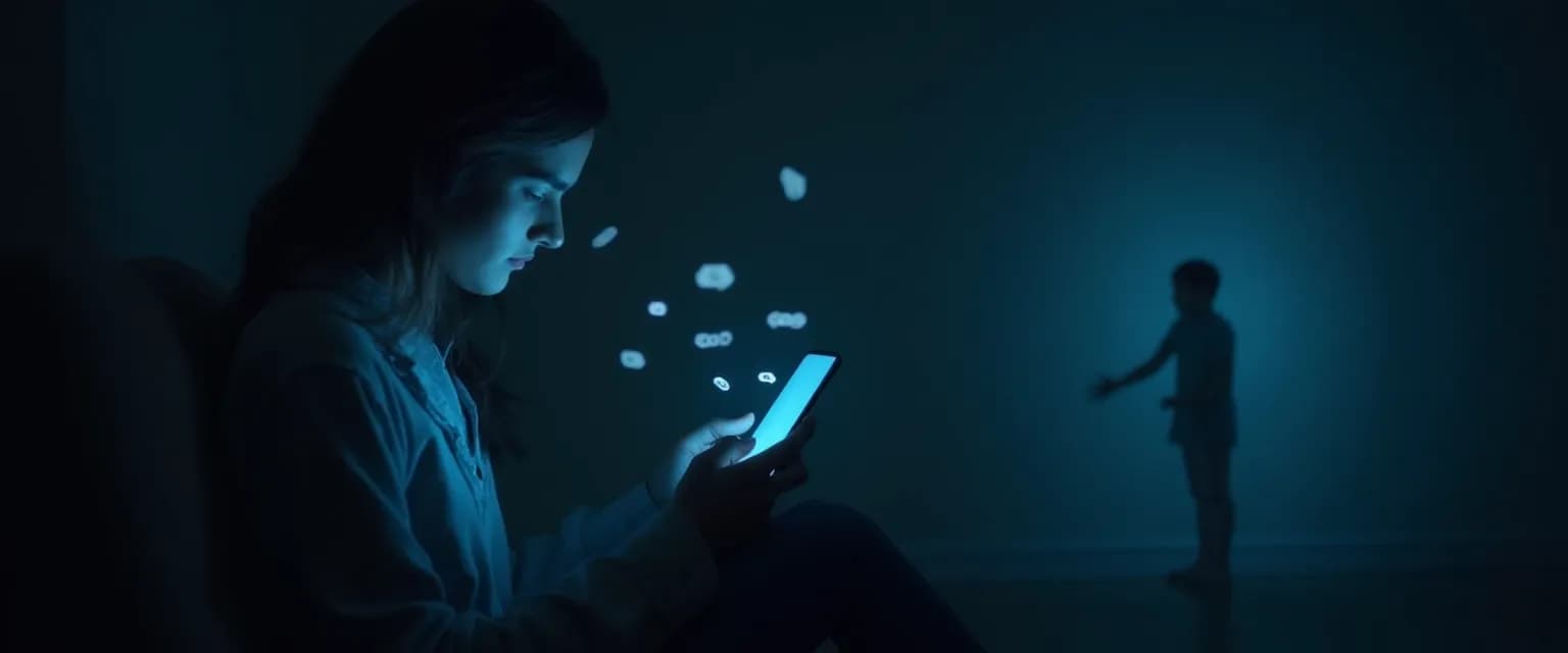 Person using grief app on smartphone while sitting in support circle, balancing digital and human connection