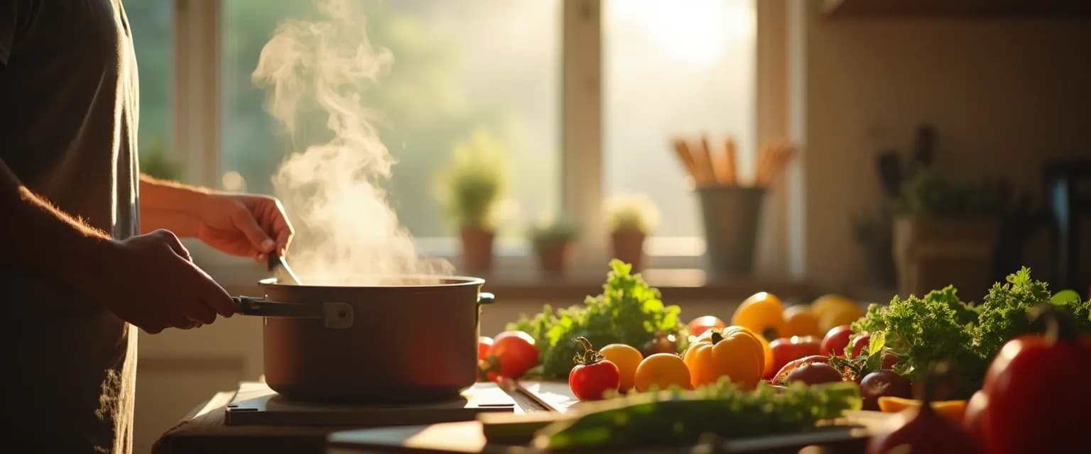 Person cultivating awareness while mindfully cooking in a bright kitchen