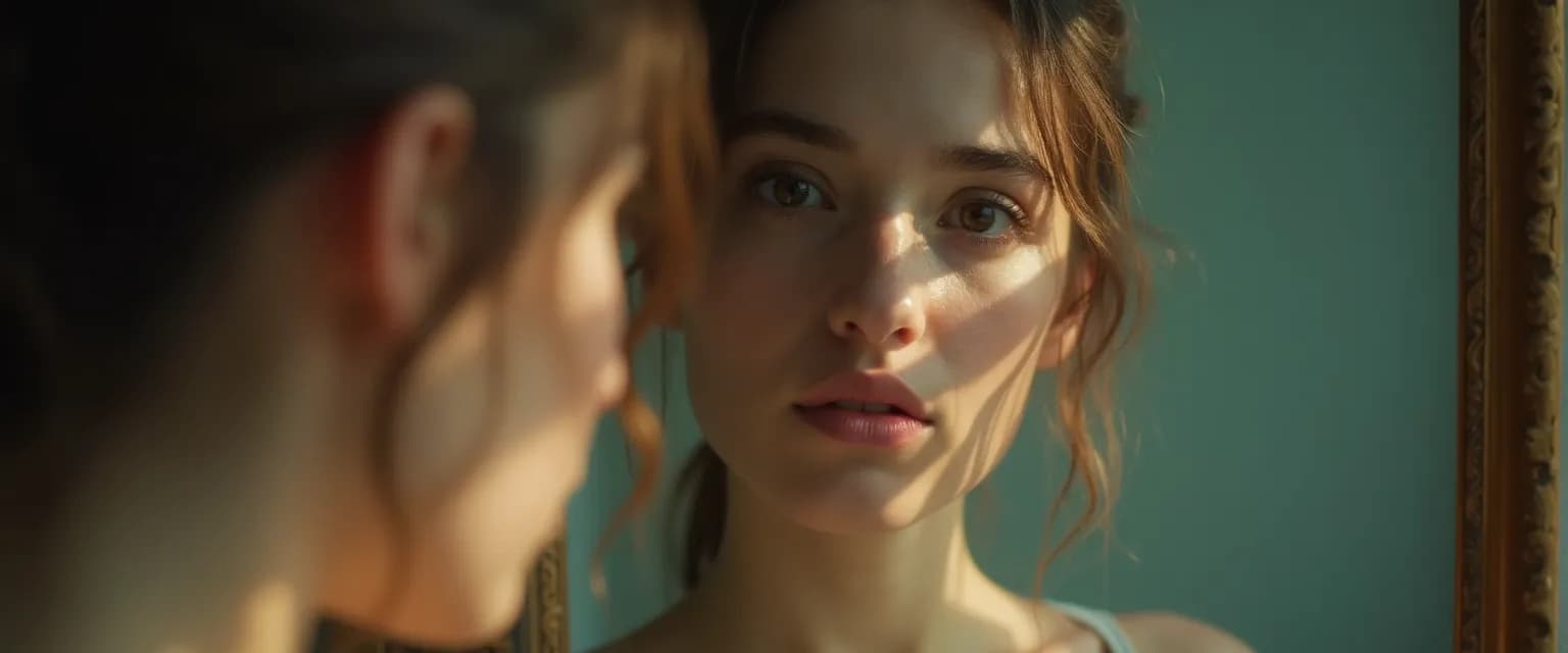 Person practicing self-love without self-awareness, illustrated by mirror reflection showing blind spots