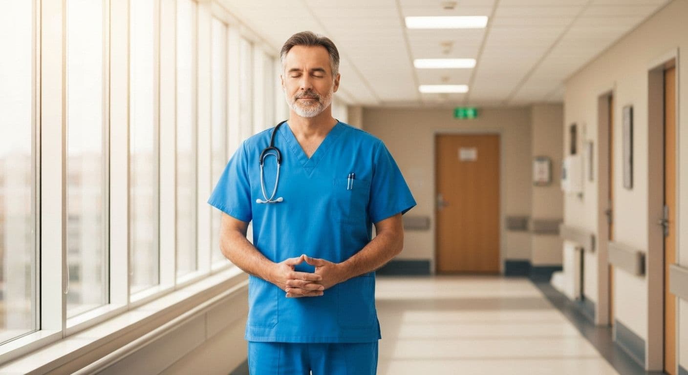 Healthcare provider practicing self-awareness techniques during a brief break between shifts