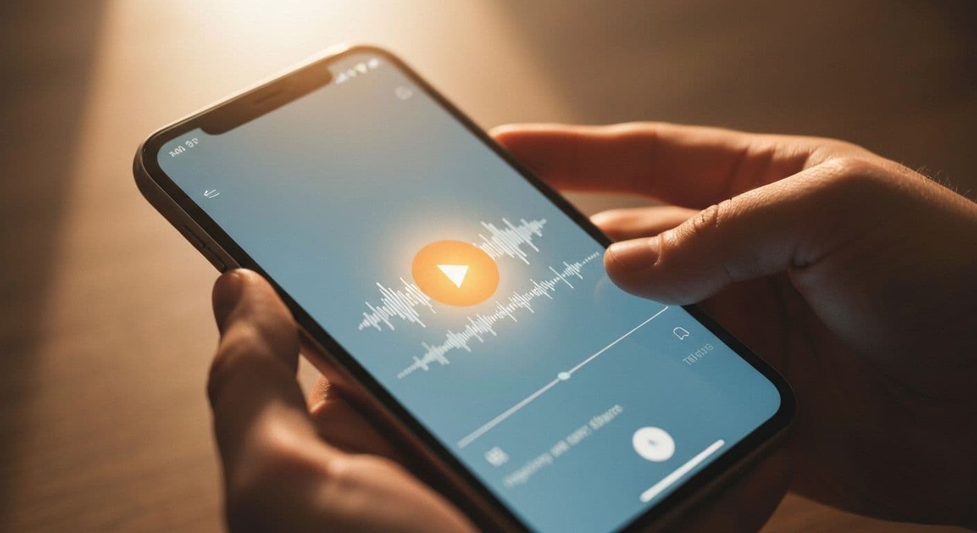 Person recording a personalized voice message to send someone grieving, showing compassionate support through audio