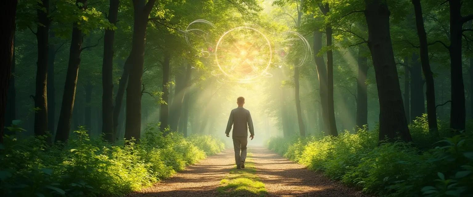 Woman reprogramming her subconscious mind while walking mindfully through a forest path