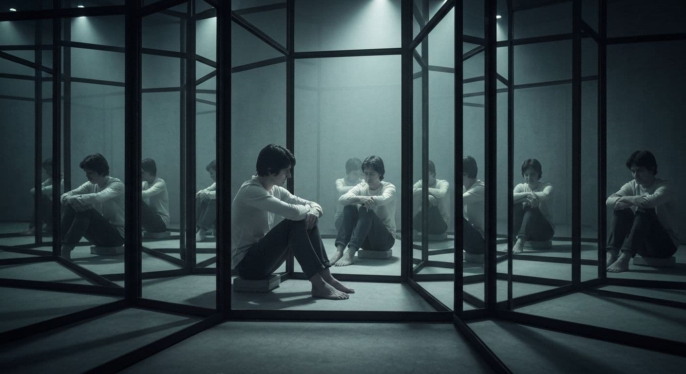 Person looking stressed while examining themselves in mirror, illustrating extreme self awareness anxiety and constant self-monitoring