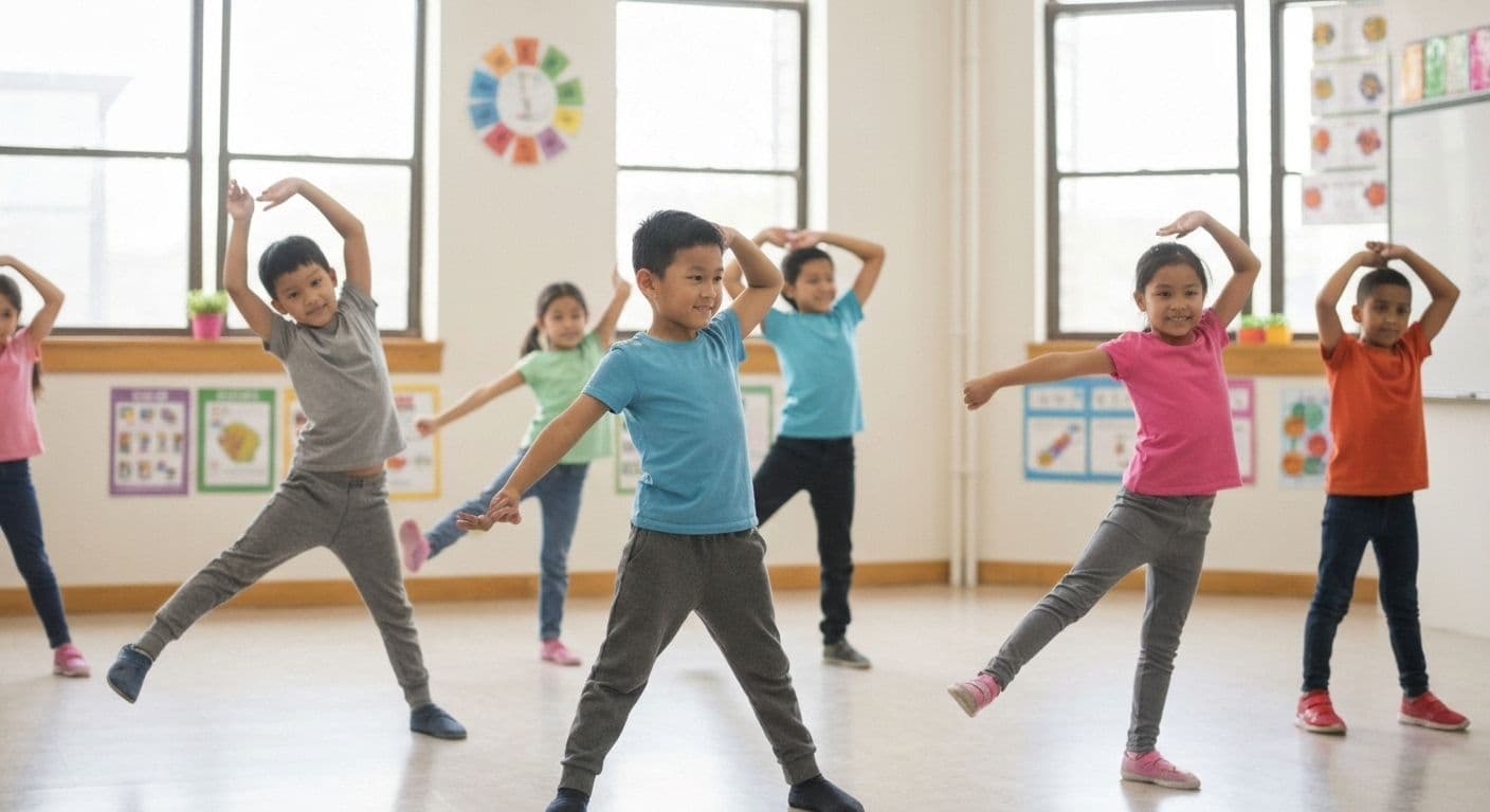 Third grade students practicing movement-based mindfulness in the classroom with stretching exercises