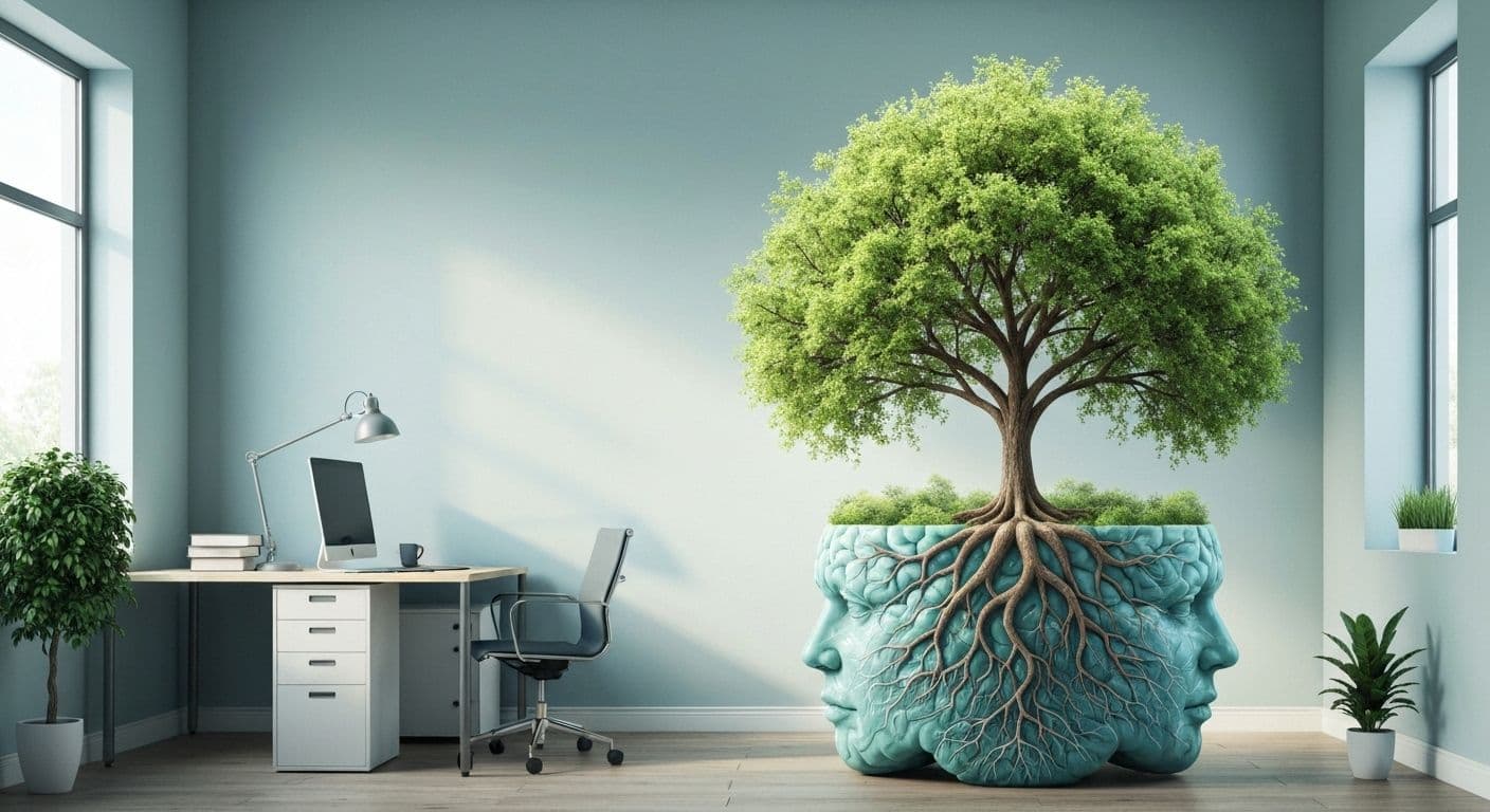 Mind Vriksha concept illustration showing mental tree with deep roots representing foundational emotional wellness for professionals
